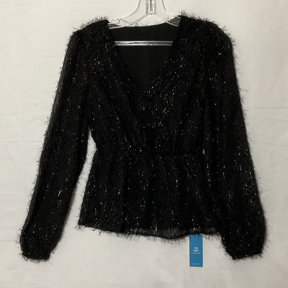 Cupshe Black Fuzzy Sparkle Wrap-Style Blouse